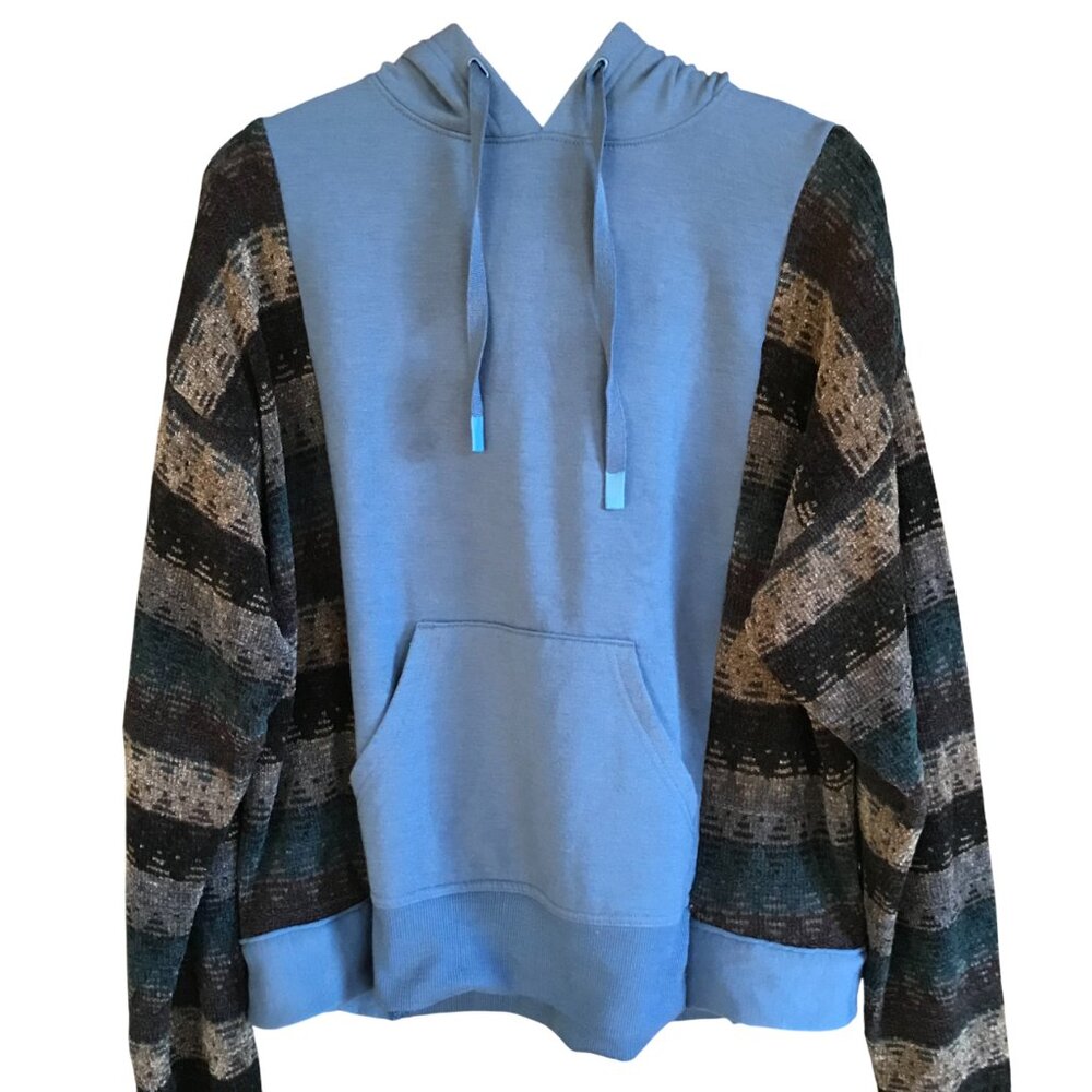Upcycled Hoodie With Sweater Sleeves, Blue Sweatshirt Jacket, Plus Size L - XL